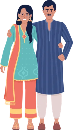 Happy Couple Wearing Indian Ethnic Attires Semi Flat Color Vector Characters Editable Figures Full Body People On White Simple Cartoon Style Illustration For Web Graphic Design And Animation イラスト