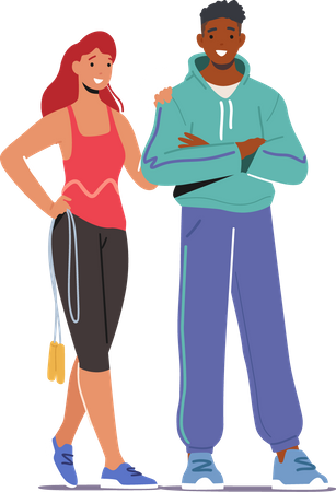 Happy Couple Wearing Sports Clothes and Sneakers Stand Together Illustration