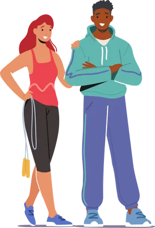 Happy Couple Wearing Sports Clothes and Sneakers Stand Together  Illustration
