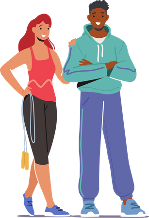 Happy Couple Wearing Sports Clothes and Sneakers Stand Together  Illustration