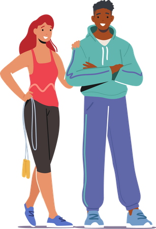 Happy Couple Wearing Sports Clothes and Sneakers Stand Together  Illustration