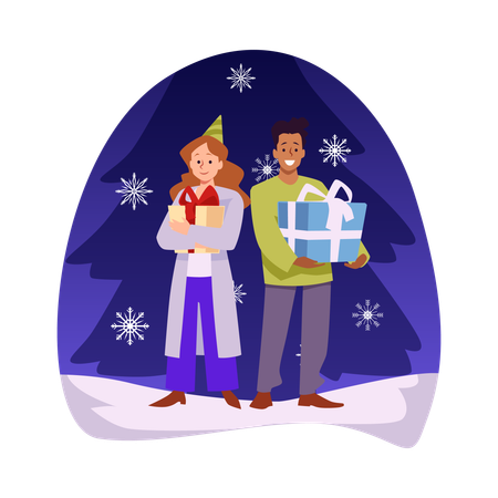 Happy couple with gift boxes  Illustration