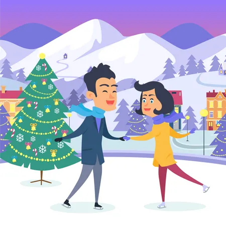 Happy Couple with Holding Hands on Urban Icerink  Illustration