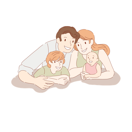 Happy couple with kids, husband and wife with son and toddler, traditional values, childcare, family relationship banner  Illustration