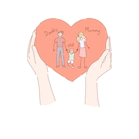 Hands Holding Greeting Card Holiday Present Happy Couple With Little Boy Mommy Daddy And Son Family Love Banner Heart Shaped Childish Crafts Concept Cartoon Sketch Flat Vector Illustration Illustration