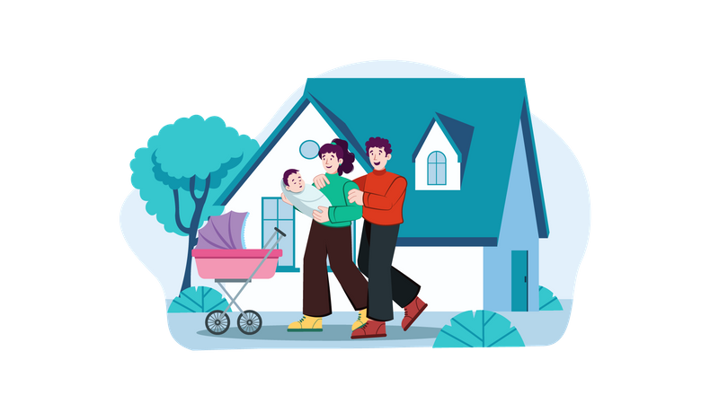 Happy couple with new born baby  イラスト