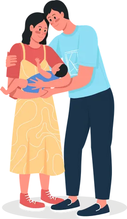 Happy Couple With Newborn Baby Flat Color Vector Detailed Characters Smiling Father And Mother Hold Infant Young Family Isolated Cartoon Illustration For Web Graphic Design And Animation Illustration