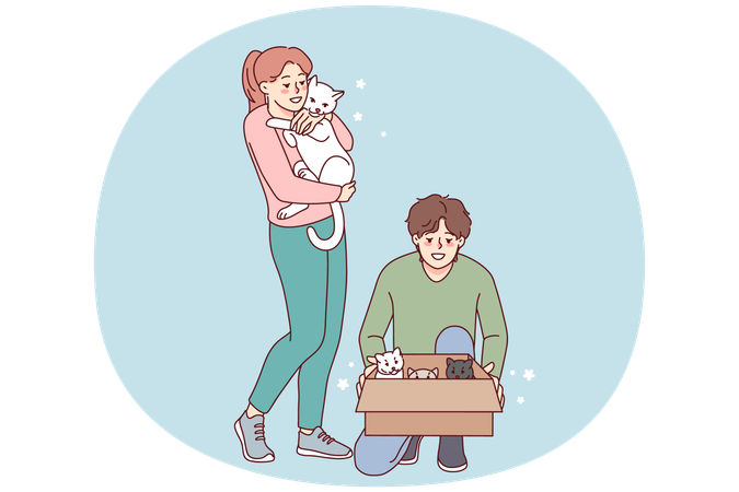 Happy couple with pets  Illustration