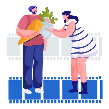 Happy couple with rabbit  イラスト