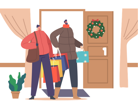 Happy Couple with shopping bags at parents house door  Illustration