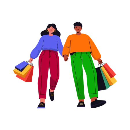 Happy Couple with Shopping Bags  Illustration