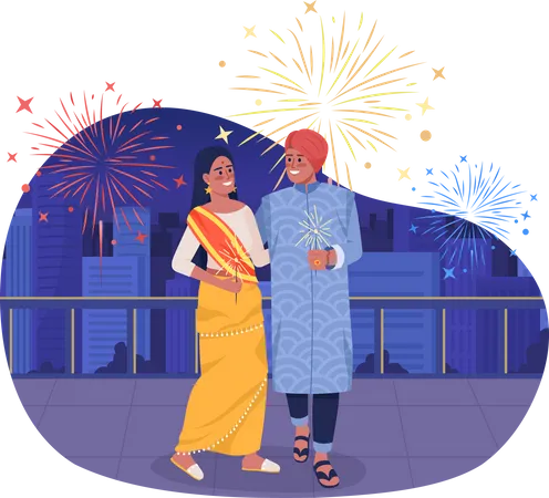 Happy Couple With Sparkling Lights On Diwali 2 D Vector Isolated Illustration Indian Wedding Flat Characters On Cartoon Background Fest Colourful Editable Scene For Mobile Website Presentation Illustration