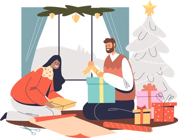 Happy couple wrapping gifts for Christmas sitting together at decorated xmas pine tree  Illustration
