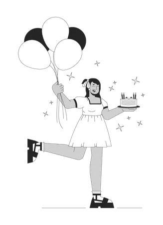 Happy Curvy Hindu Woman At Birthday Party Black And White 2 D Line Cartoon Character Indian Female With Overweight At Holiday Isolated Vector Outline Person Anniversary Monochromatic Flat Spot Illustration Illustration