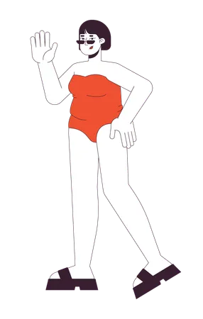 Happy Curvy Woman In Swimsuit 2 D Linear Cartoon Character Plus Sized Female Ready For Beach Season Isolated Line Vector Person White Background Overweight Color Flat Spot Illustration 일러스트레이션