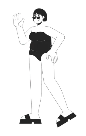 Happy Curvy Woman In Swimsuit Black And White 2 D Line Cartoon Character Plus Sized Female Ready For Beach Season Isolated Vector Outline Person Overweight Monochromatic Flat Spot Illustration 일러스트레이션