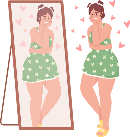 Happy curvy woman looking in mirror Illustration