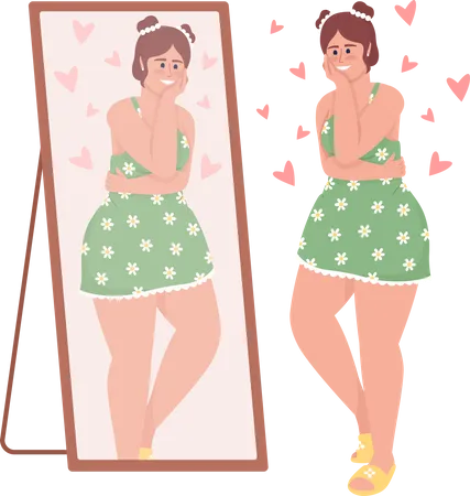 Happy curvy woman looking in mirror Illustration