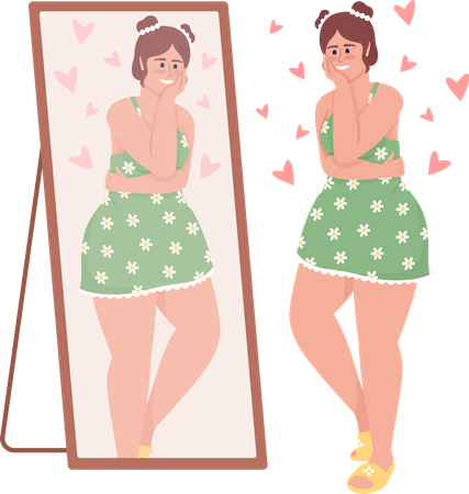 Happy curvy woman looking in mirror  Illustration