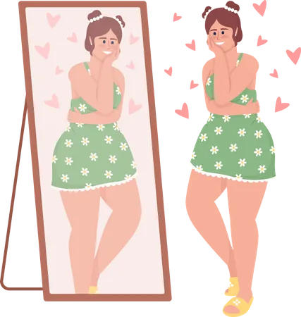 Happy curvy woman looking in mirror  Illustration