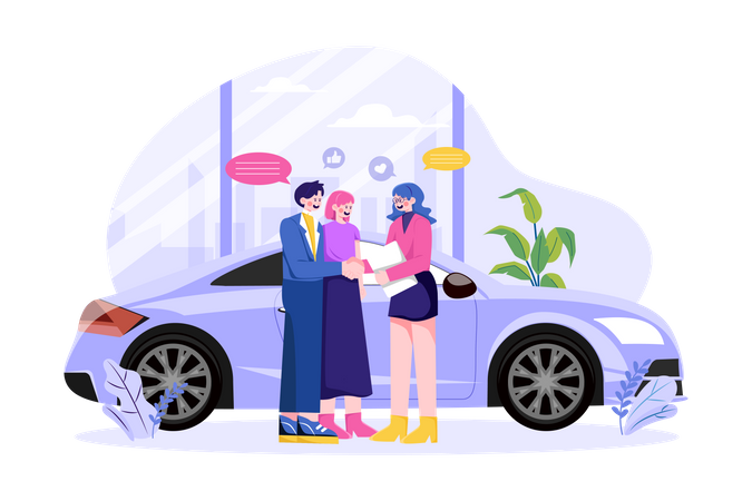 Happy customers couple handshaking with a manager in an auto salon  Illustration