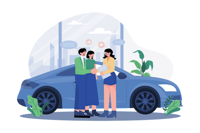 Happy customers couple handshaking with a manager in an auto salon  Illustration