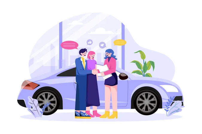 Happy customers couple handshaking with a manager in an auto salon  Illustration