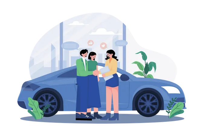 Happy customers couple handshaking with a manager in an auto salon  Illustration