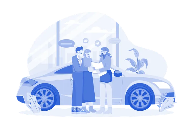 Happy customers couple handshaking with a manager in an auto salon  Illustration