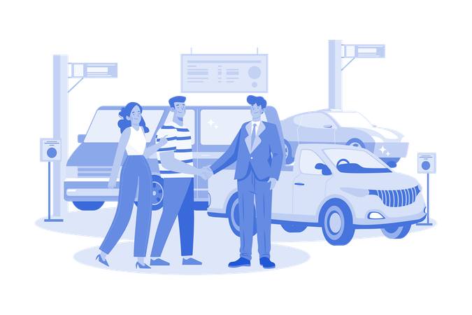 Happy customers couple handshaking with a manager in car salon  Illustration