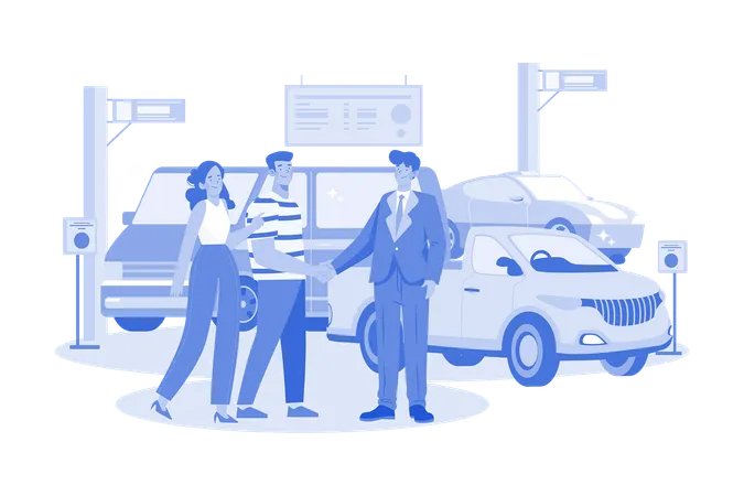 Happy customers couple handshaking with a manager in car salon  Illustration