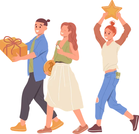 Flat Cartoon Happy People Customers Group Walking Holding Gifts Money And Reward Bonuses In Hands Using Special Offer Loyalty Program For Clients Discounts And Cash Back Vector Illustration Illustration