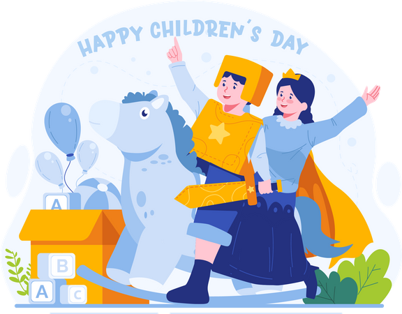 Happy cute boy and girl playing rocking horse as prince knight and princess fairy tale  Illustration