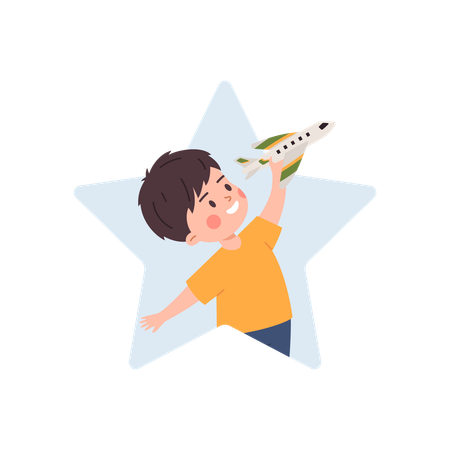 Happy cute boy holding small airplane kid plays with favorite toy  Illustration