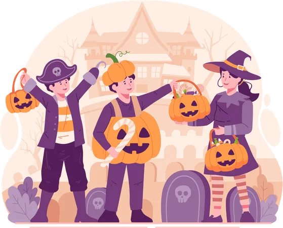 Happy Cute Children Dressed In Halloween Costumes Pumpkin Disguise Witch And Pirate Trick Or Treat Concept Illustration