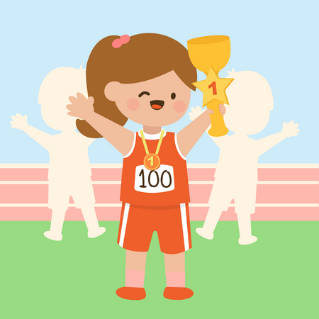 Happy cute little girl holding gold trophy  Illustration