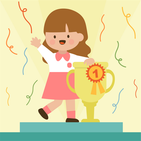 Happy cute little girl standing on stage with gold trophy  Illustration