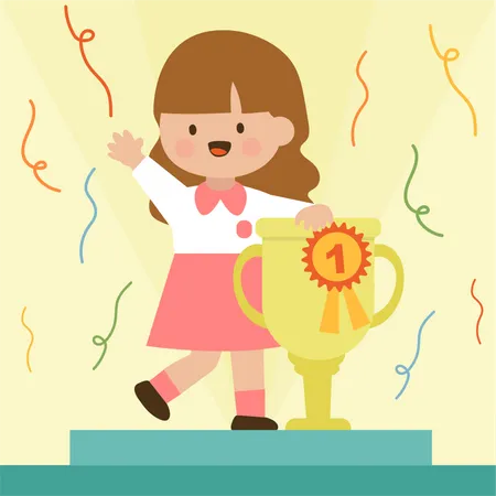 Happy cute little girl standing on stage with gold trophy Illustration