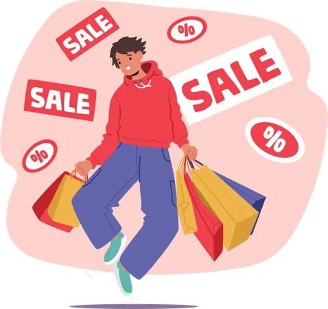 Happy delightful boy rejoicing shopping with sale discounts  Illustration