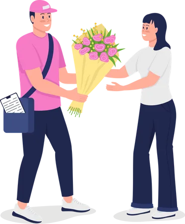 Happy delivery man give woman bouquet Illustration