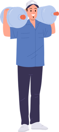 Happy deliveryman carrying two bottles of purified water  Illustration