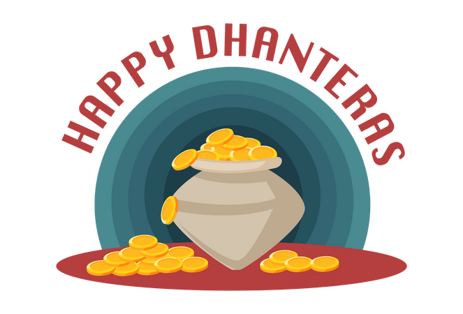 Happy Dhanteras with full of gold coins pot  Illustration