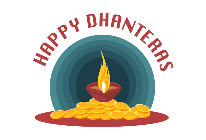 Happy Dhanteras with gold coins and diya Illustration