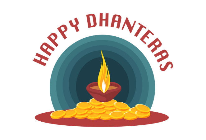 Happy Dhanteras with gold coins and diya  Illustration