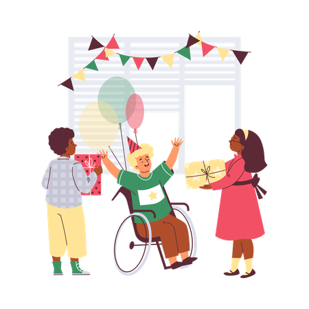 Happy disability boy in wheelchair celebrates birthday with friends  Illustration