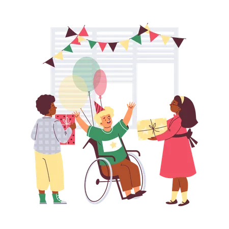 Happy disability boy in wheelchair celebrates birthday with friends  Illustration