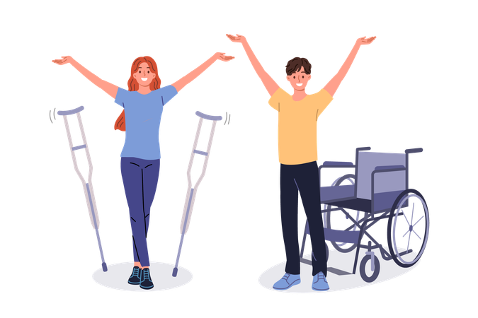 Happy disable woman and man again healthy life  Illustration