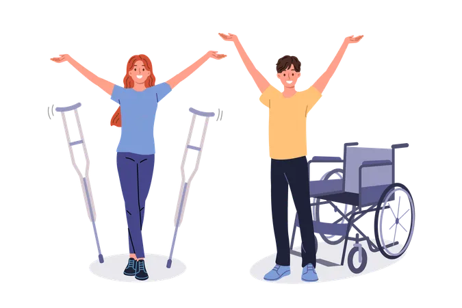 Happy disable woman and man again healthy life  Illustration