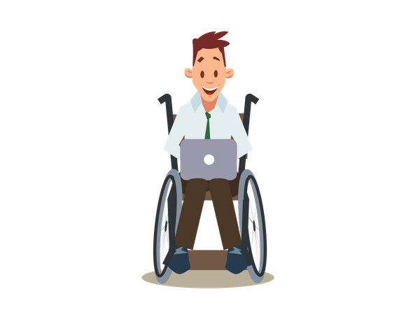 Happy Disabled Man in Wheelchair Work in Laptop  Illustration