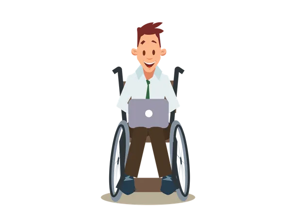 Happy Disabled Man in Wheelchair Work in Laptop  Illustration